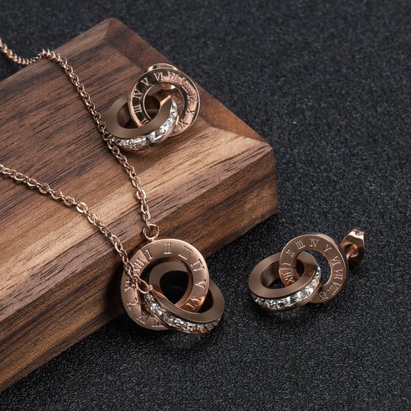 Roman Numerals Necklace & Earrings Set Rose Gold Plated - Picture 1 of 6